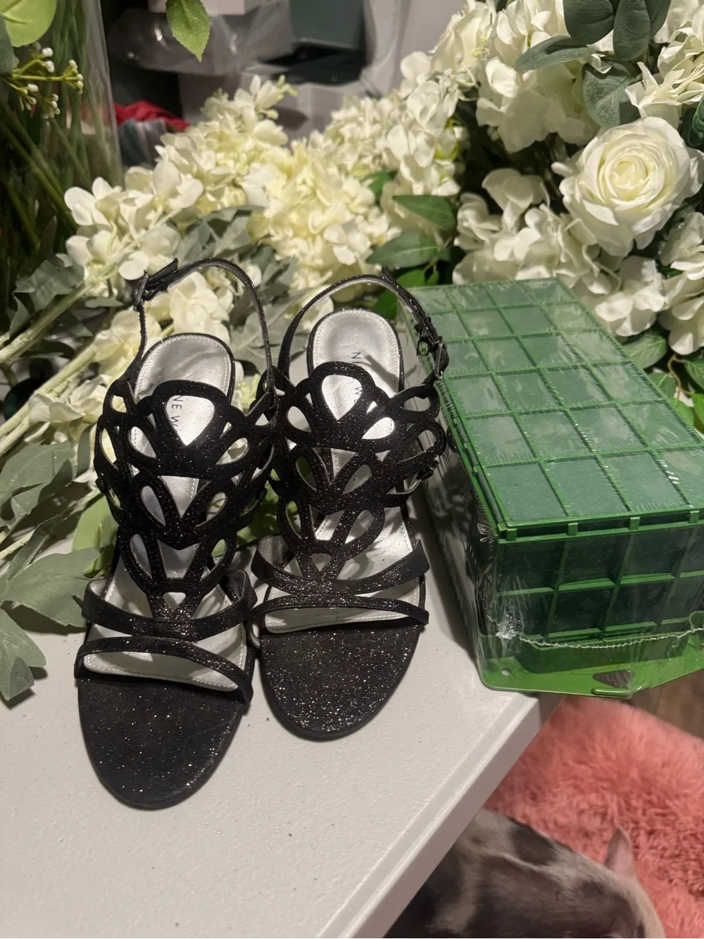Nine West Black Glitter Cutout Slingback Heels